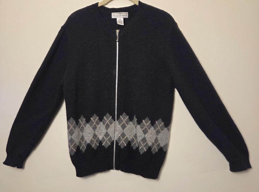 Vintage Deane & White Wool Argyle Zip Up Cardigan Sweater Medium Hong Kong